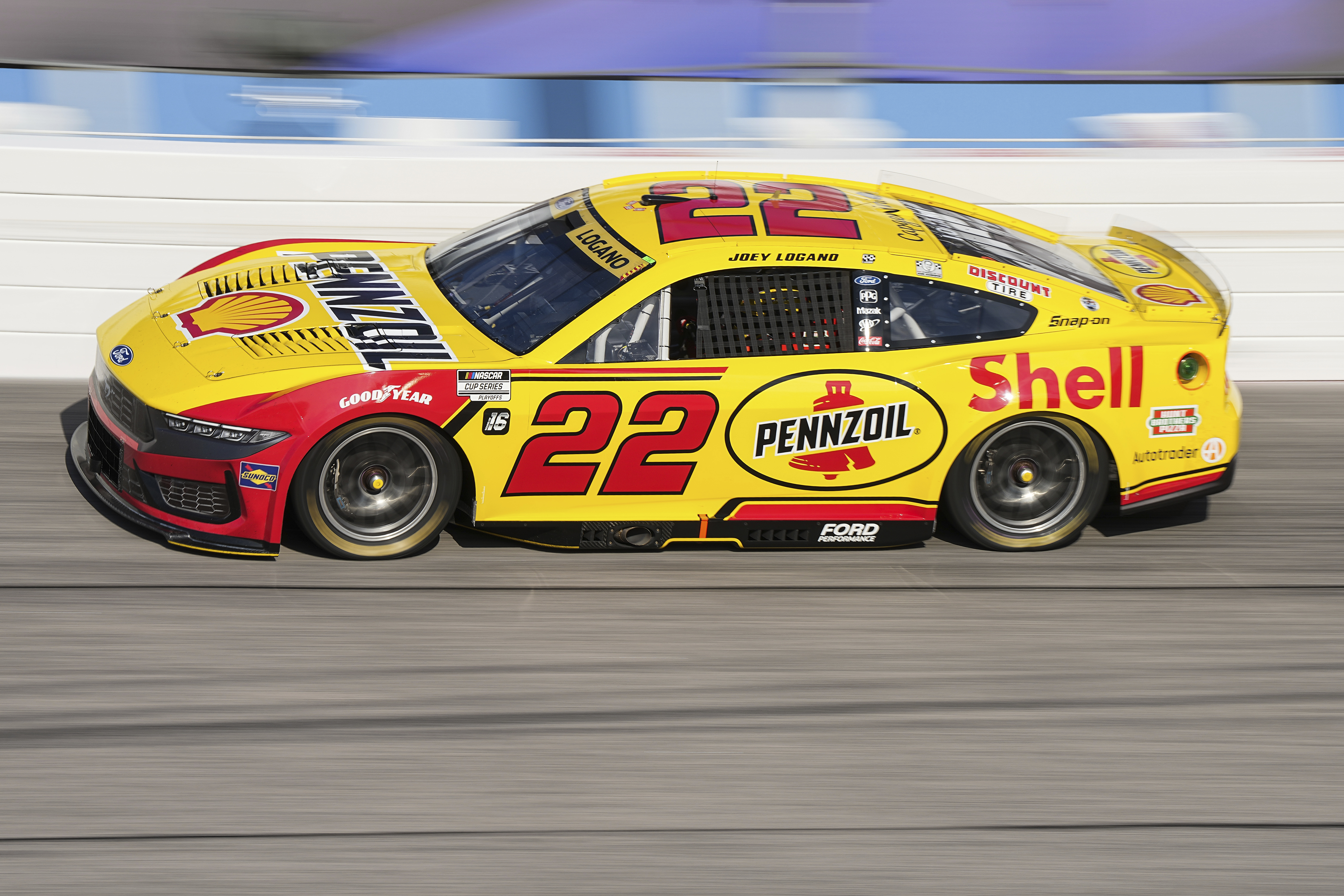 Joey Logano steers through Turn 2 during a NASCAR Cup Series auto race at Darlington Raceway, Sunday, Aug. 31, 2025, in Darlington, S.C.