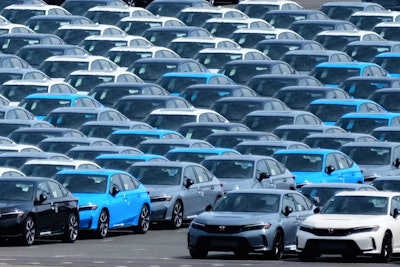 Export vehicles are parked at Daikoku Pier in Yokohama, near Tokyo, April 8, 2025.