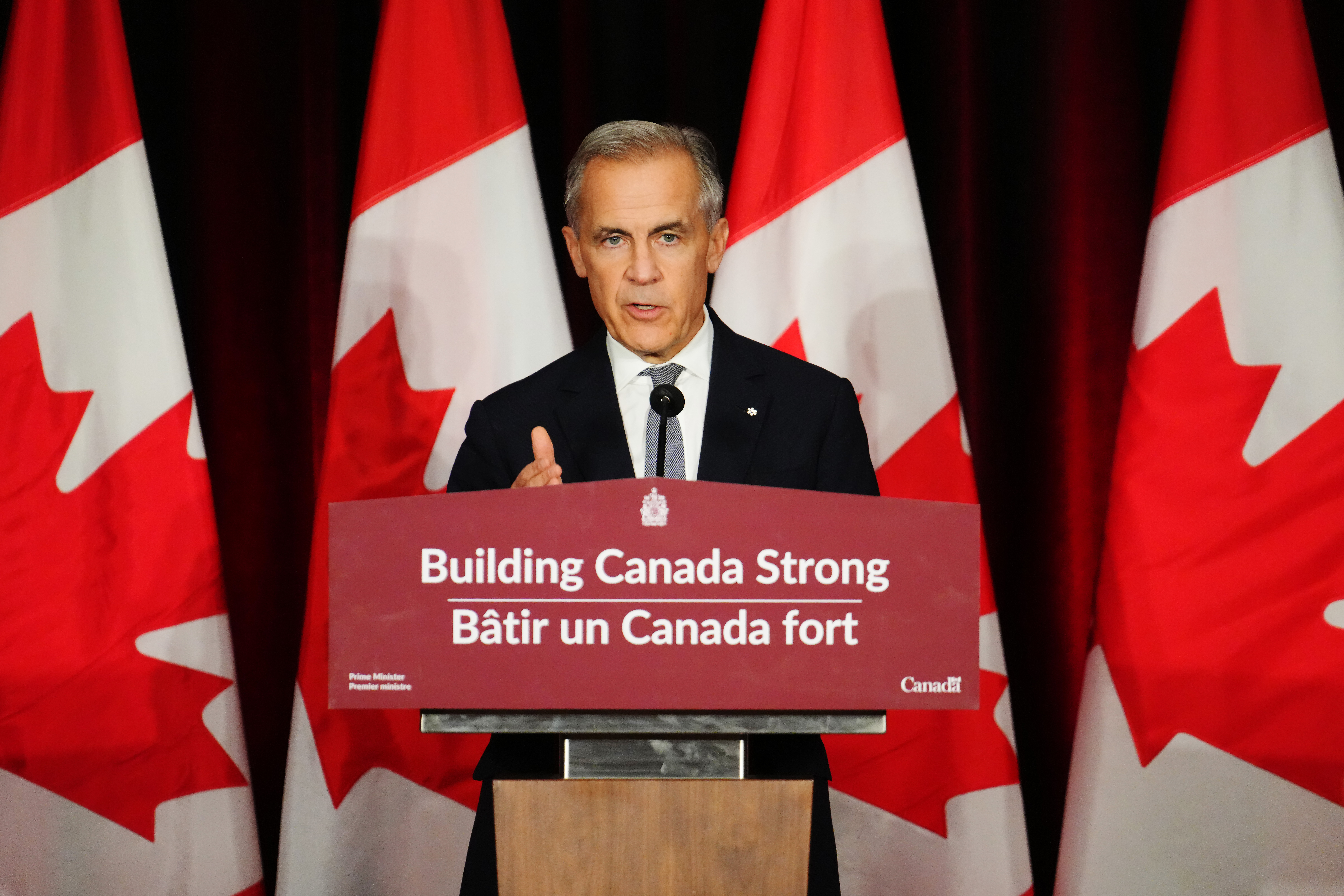 Canada Prime Minister Mark Carney makes a live address on Canada's plan to build a stronger economy in advance of the 2025 Budget, at the University of Ottawa in Ottawa on Wednesday, Oct. 22, 2025.
