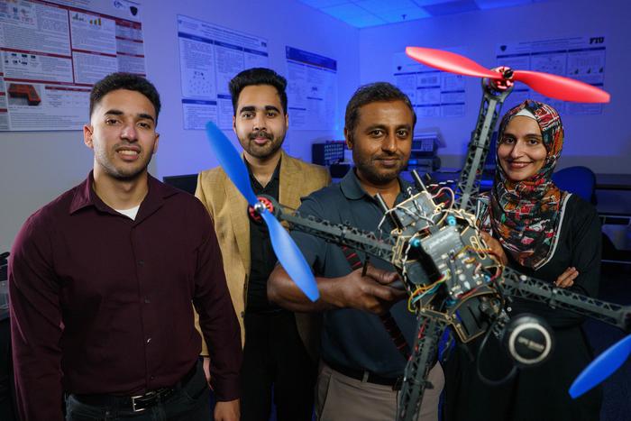 FIU cybersecurity researchers developed SHIELD, a real-time defense system against drone hijacking. The research team from L-R: PhD candidate Jean Tonday Rodriguez, undergraduate student Mohammad Kumail Kazmi, lead researcher and associate professor Mohammad Ashiqur Rahman and PhD candidate Muneeba Asif.