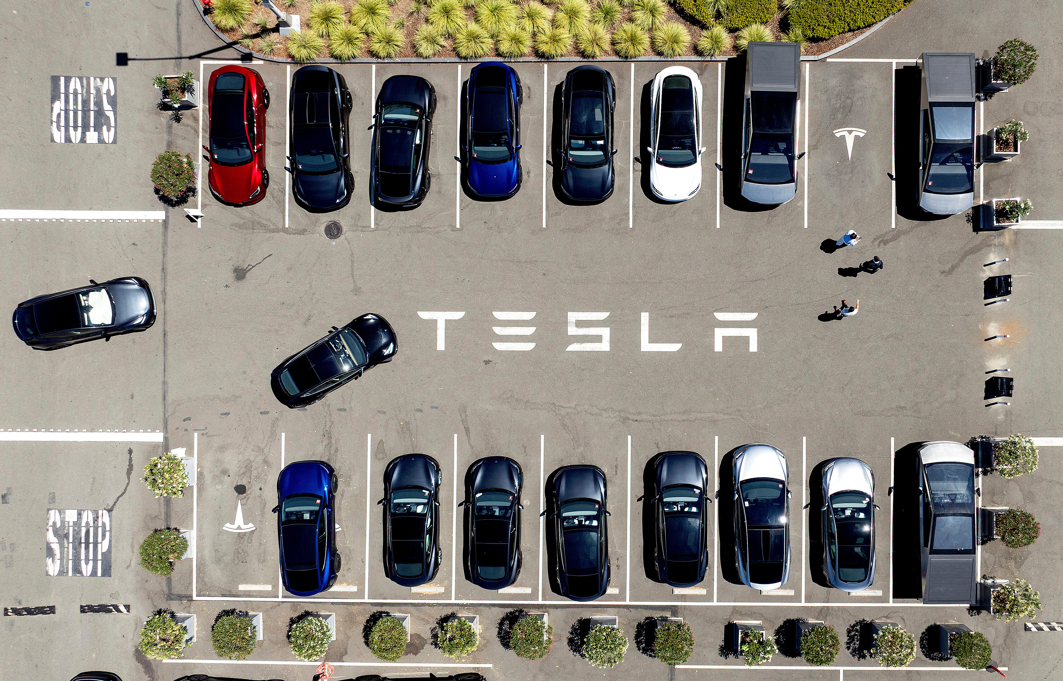 Tesla vehicles line a parking area at the company's Fremont, Calif., factory, Aug. 5, 2025.