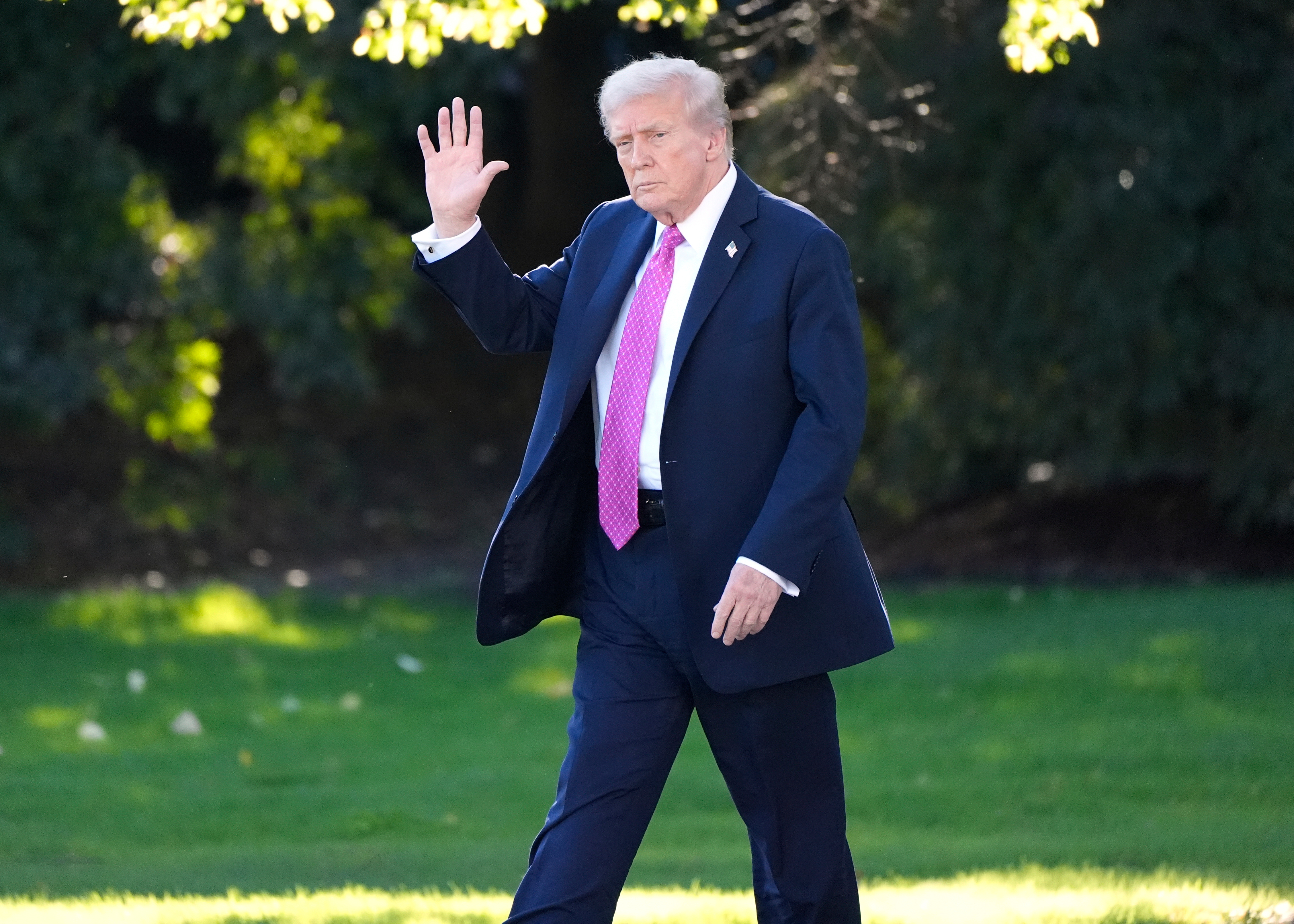 President Donald Trump waves as he walks to board Marine One before departing from the South Lawn of the White House, Friday, Oct. 17, 2025, in Washington.