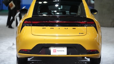 The 2026 Toyota Prius hybrid electric vehicle (HEV) is showcased at the LA Auto Show in Los Angeles Thursday, Nov. 20, 2025.