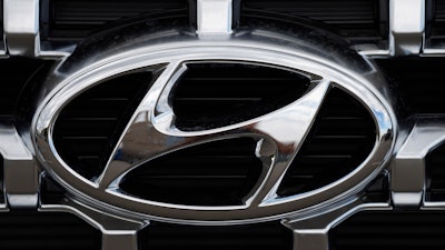 The Hyundai company logo is displayed, Sept. 12, 2021, in Littleton, Colo.