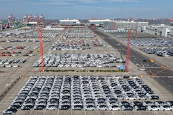 Aerial view of new cars waiting for shipment at a port in Shanghai, China, Wednesday, Jan. 14, 2026.