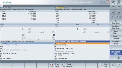 The robot arm is integrated into the CNC, so programming, operation and diagnostics are all accomplished for the machine tool and robot on the single control screen of the HMI.