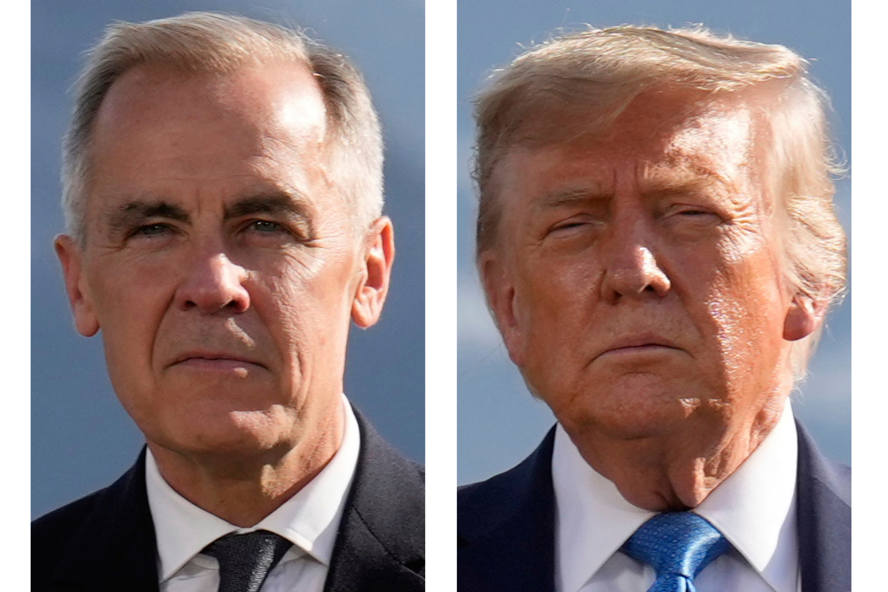 This combination of images shows Canada's Prime Minister Mark Carney and President Donald Trump during a group photo at the G7 Summit, June 16, 2025, in Kananaskis, Canada.