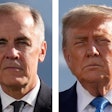 This combination of images shows Canada's Prime Minister Mark Carney and President Donald Trump during a group photo at the G7 Summit, June 16, 2025, in Kananaskis, Canada.
