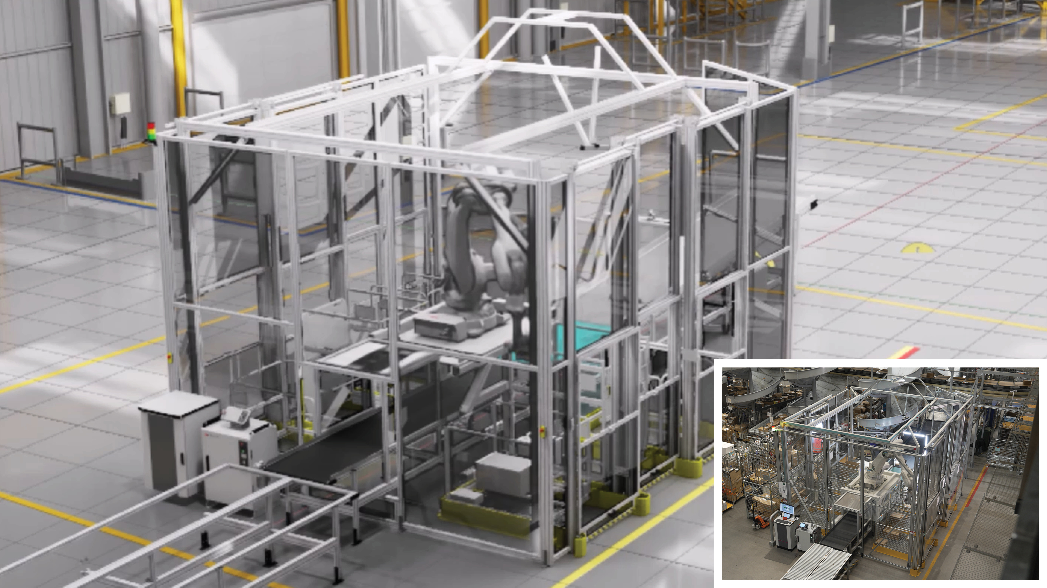 The new ABB Robotics RobotStudio HyperReality verses a real world image of the same robot cell in a factory.