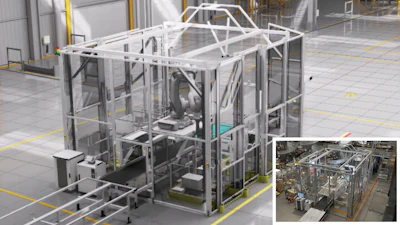 The new ABB Robotics RobotStudio HyperReality verses a real world image of the same robot cell in a factory.