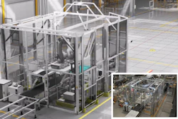 The new ABB Robotics RobotStudio HyperReality verses a real world image of the same robot cell in a factory.