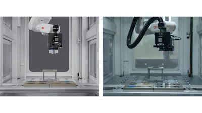 New ABB Robotics RobotStudio® HyperReality (left) verses a real world image of the same robotic cell.