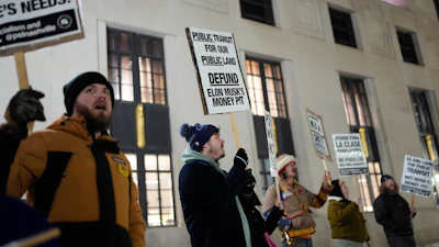 People protest against the Music City Loop, an underground tunnel by Elon Musk's The Boring Company, Tuesday, Jan. 20, 2026, in Nashville, Tenn.