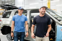 Rivian CEO RJ Scaringe (left) and Mark Rober, former NASA engineer and YouTube creator.