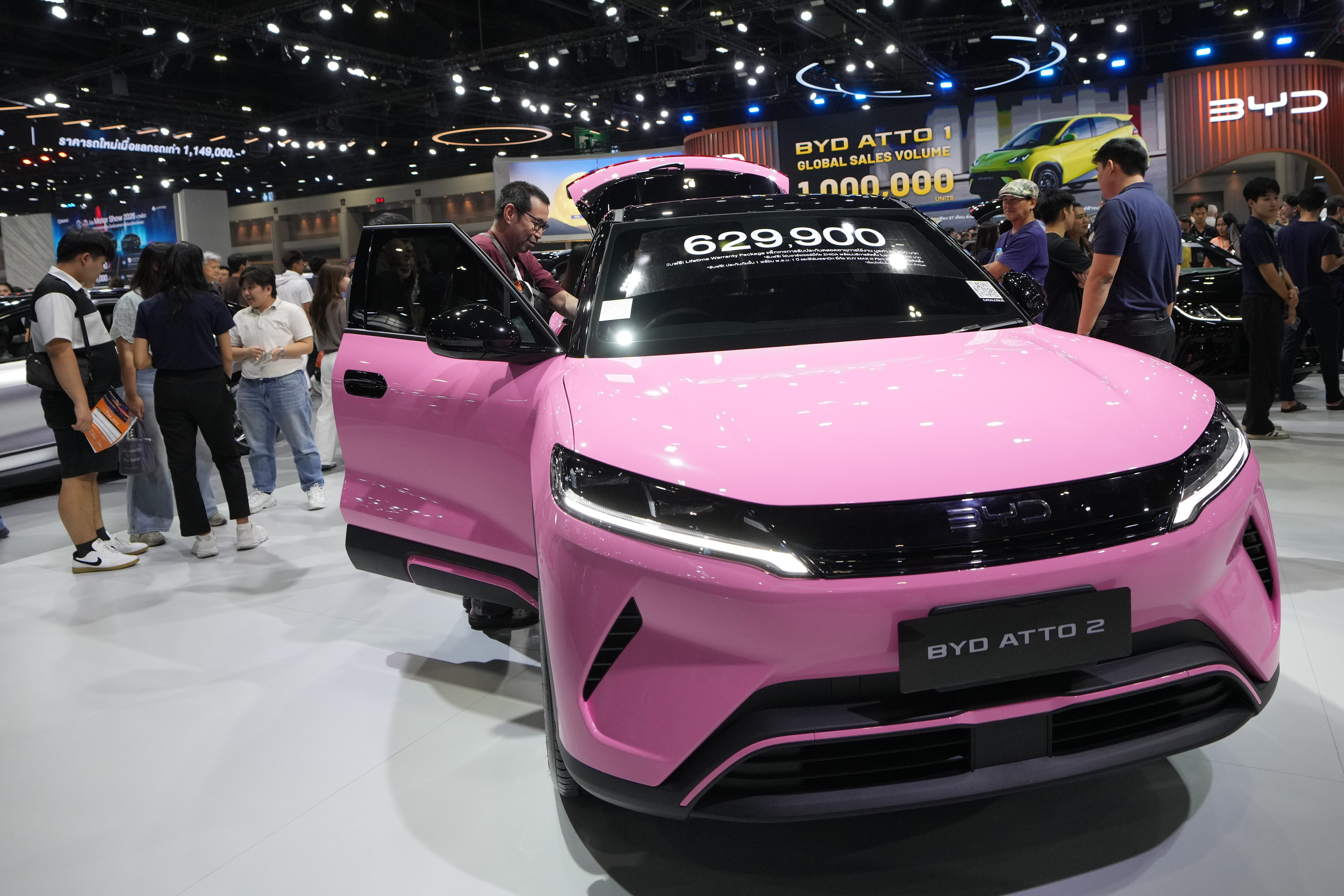 BYD's electric vehicle ATTO2 is on display during the Bangkok Motor Show in Nonthaburi, Thailand, Wednesday, April 1, 2026.