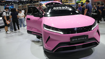 BYD's electric vehicle ATTO2 is on display during the Bangkok Motor Show in Nonthaburi, Thailand, Wednesday, April 1, 2026.