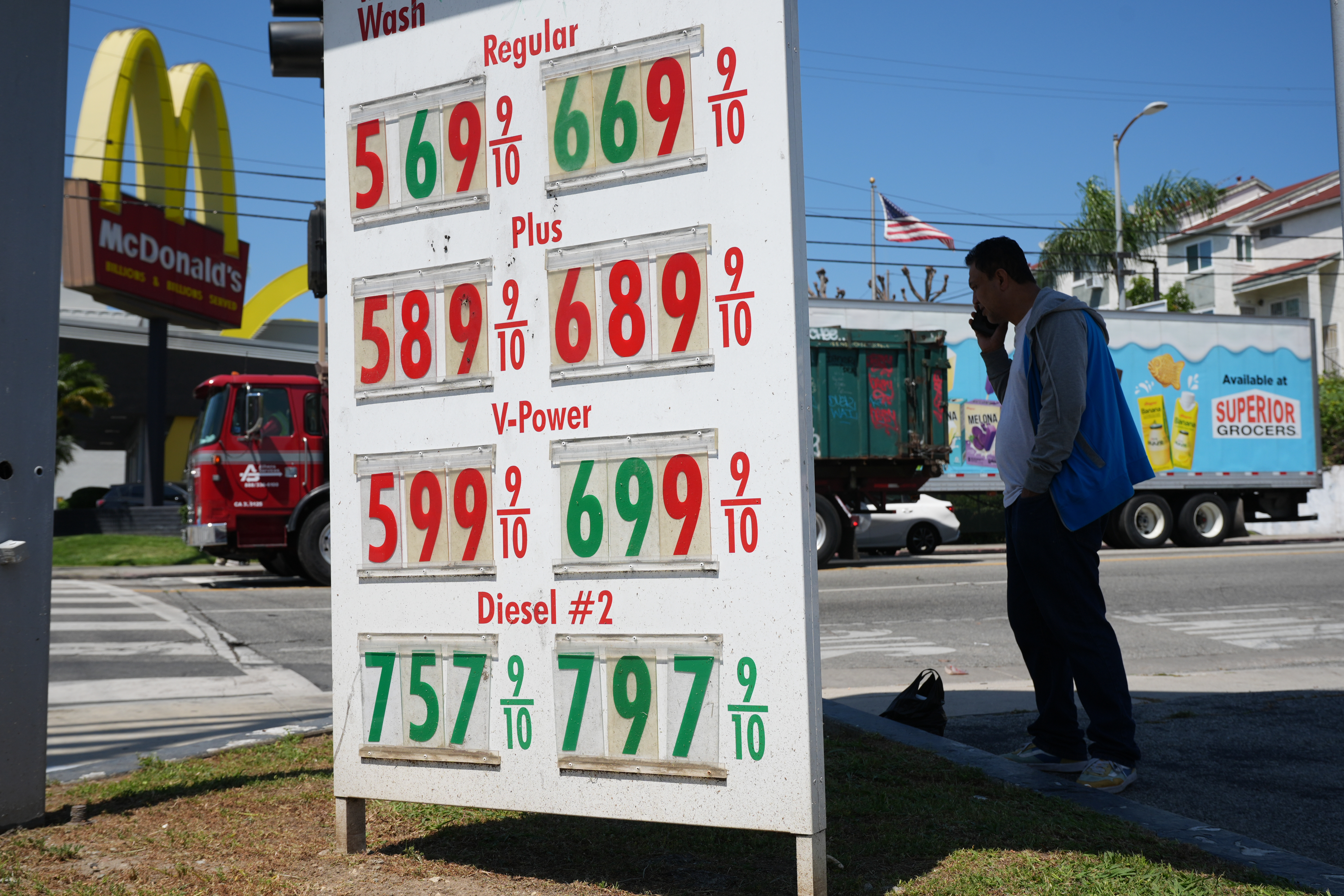 Gas prices are displayed at a station in Los Angeles, April 7, 2026.