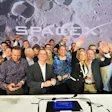 Gwynne Shotwell, President and COO of SpaceX, third from right, celebrates with colleagues during a bell ringing ceremony for the IPO of SpaceX at the Nasdaq MarketSite in New York, Friday, June 12, 2026, in New York.