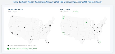 Tesla Collision Repair Footprint: January 2026 (60 Locations) Vs July 2026 (67 Locations)